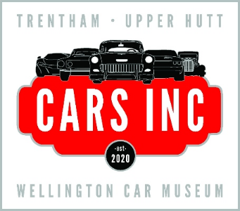 Text reading Tretham, Upper Hutt, Wellington Car Museum with black images of different types of cars above white writing on a red background 'Cars Inc'